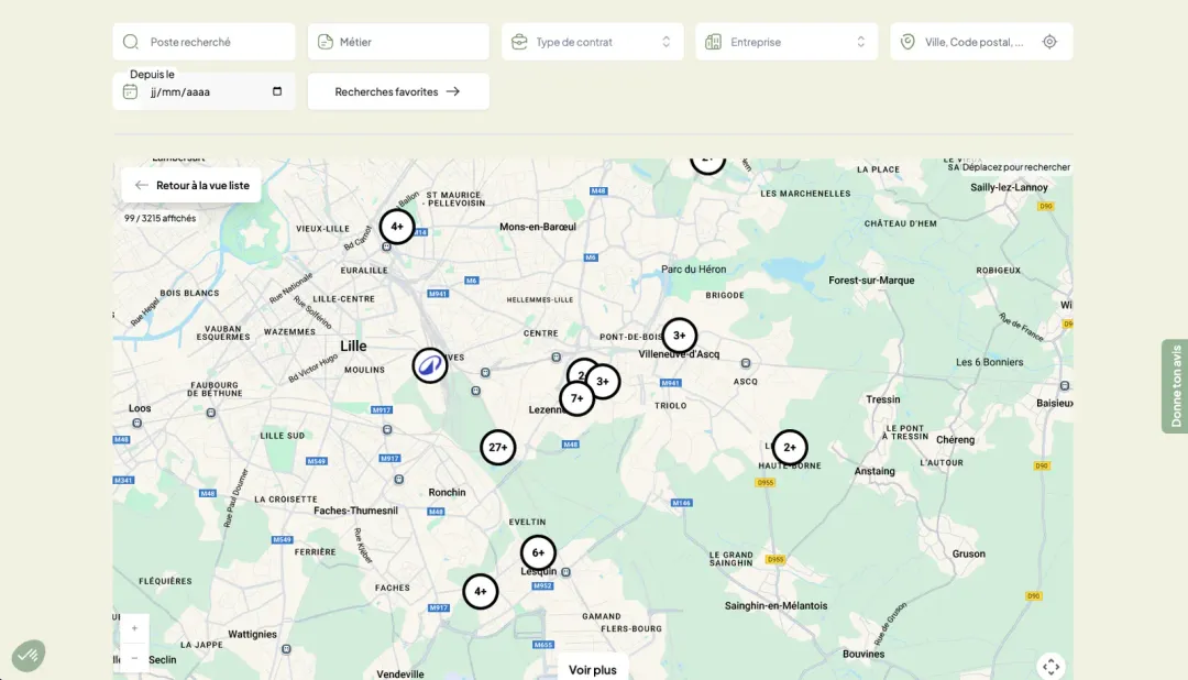 Carte interactive des offres d'emploi autour de Lille, avec des regroupements de pastilles numérotées et des filtres de recherche