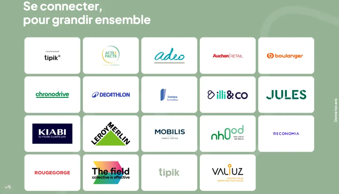 Grille des logos des enseignes partenaires de Tipik sur fond vert : Auchan, Decathlon, Leroy Merlin, Kiabi, Jules et d'autres