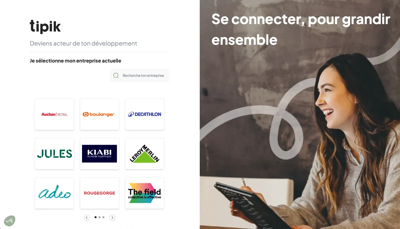Écran de connexion de Tipik : « Se connecter, pour grandir ensemble », avec les logos des enseignes partenaires